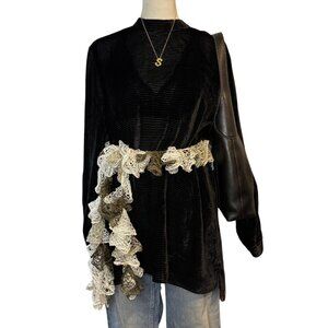 Eileen Fisher Sheer Velvet Ribbed Mock Neck Top Black Silk Blend S